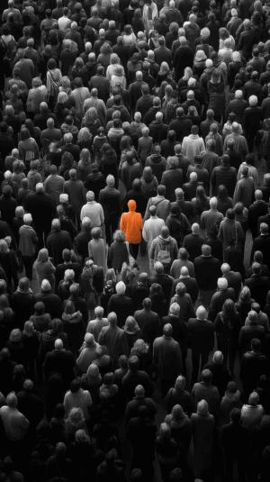 Person in Orange Hoodie Among Dense Crowd from Above