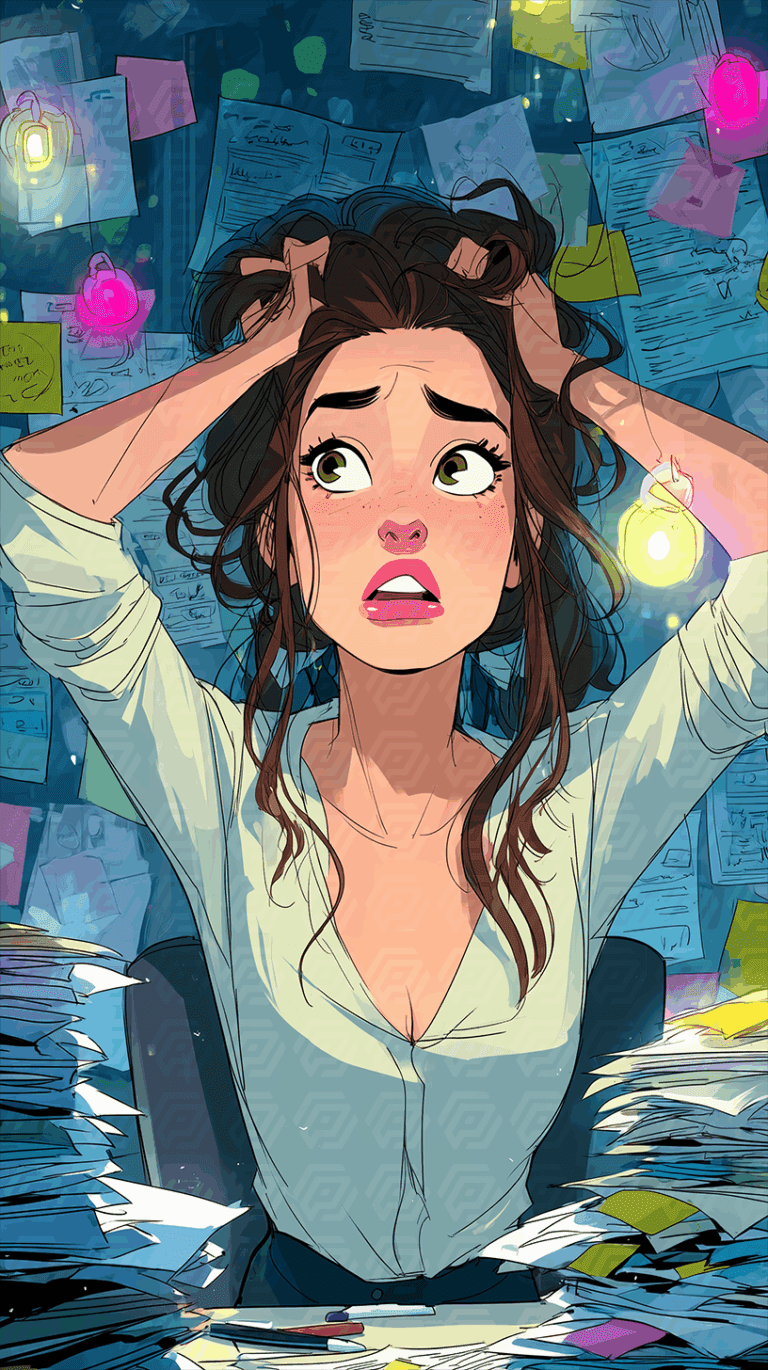 Frustrated Woman Grabbing Hair Surrounded by Cluttered Documents