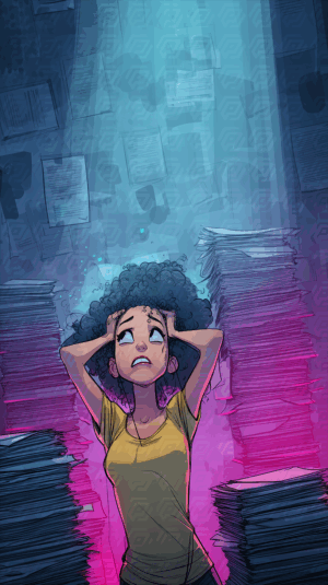 Stressed Woman Among Tall Paper Stacks in Moody Light