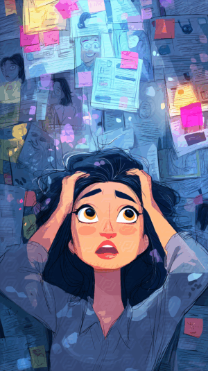 Overwhelmed Woman Staring Up at Wall of Papers and Notes