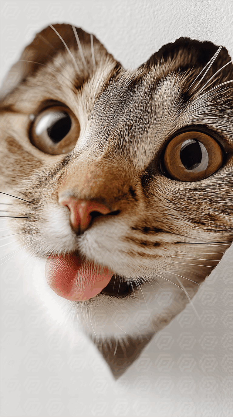 Close-Up Of Cute Tabby Cat Poking Through Heart-Shaped Paper Hole