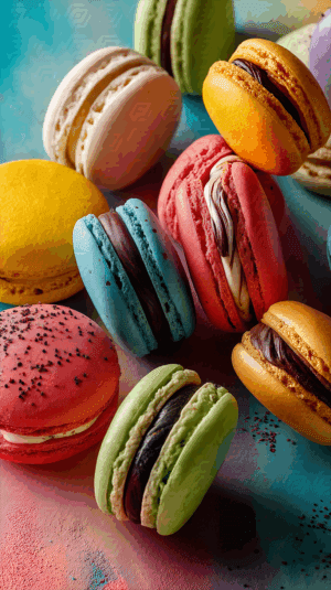 Assorted Colorful Macarons Arranged on a Pastel Surface