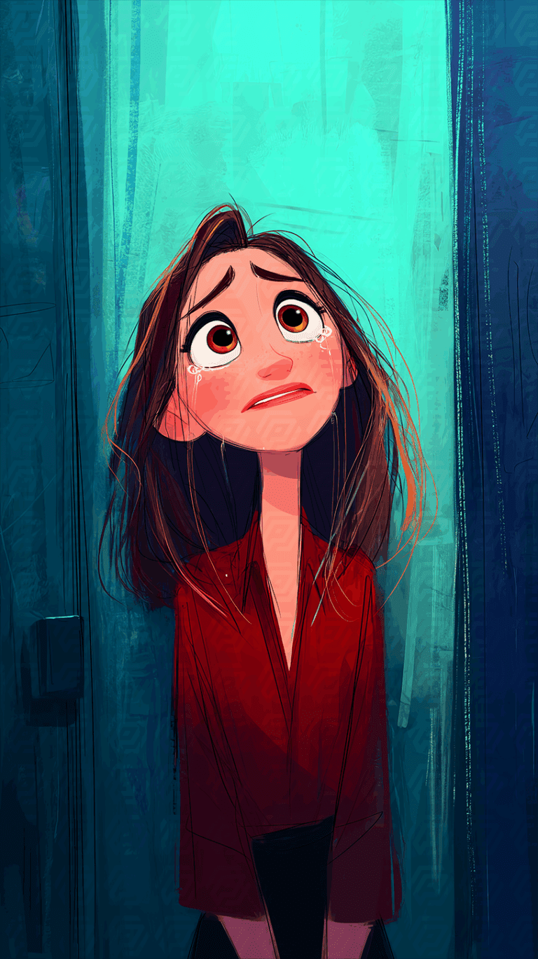 Sad Animated Woman Standing In Dimly Lit Space