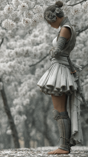 Female Samurai in Cherry Blossom Forest with Traditional Armor