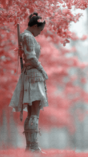 Young Female Warrior Under Pink Sakura Canopy with Katana