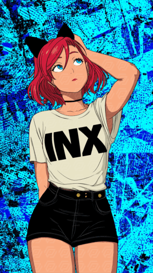 Anime Girl With Red Hair Wearing INX Shirt Against Blue Grunge Wall