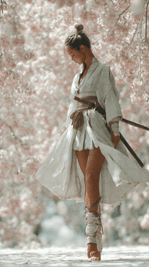 Peaceful Samurai Woman in White Kimono Among Blossoms