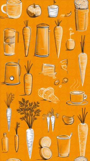 Seamless Pattern Of Carrots And Coffee With Hand Drawn Elements