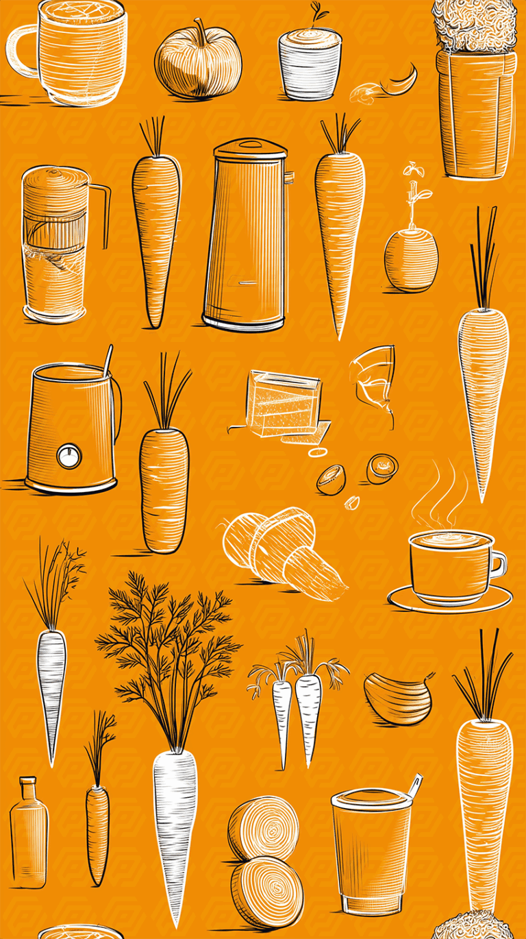 Seamless Pattern Of Carrots And Coffee With Hand Drawn Elements