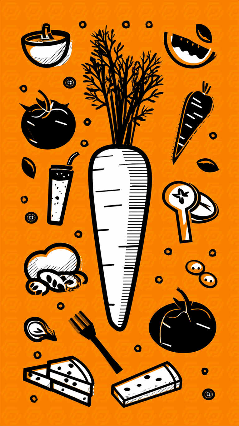 Bold Carrot Graphic with Food Icons on Orange Background