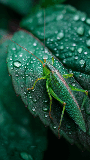 Macro Shot of Grasshopper on Dewy Leaf in Nature