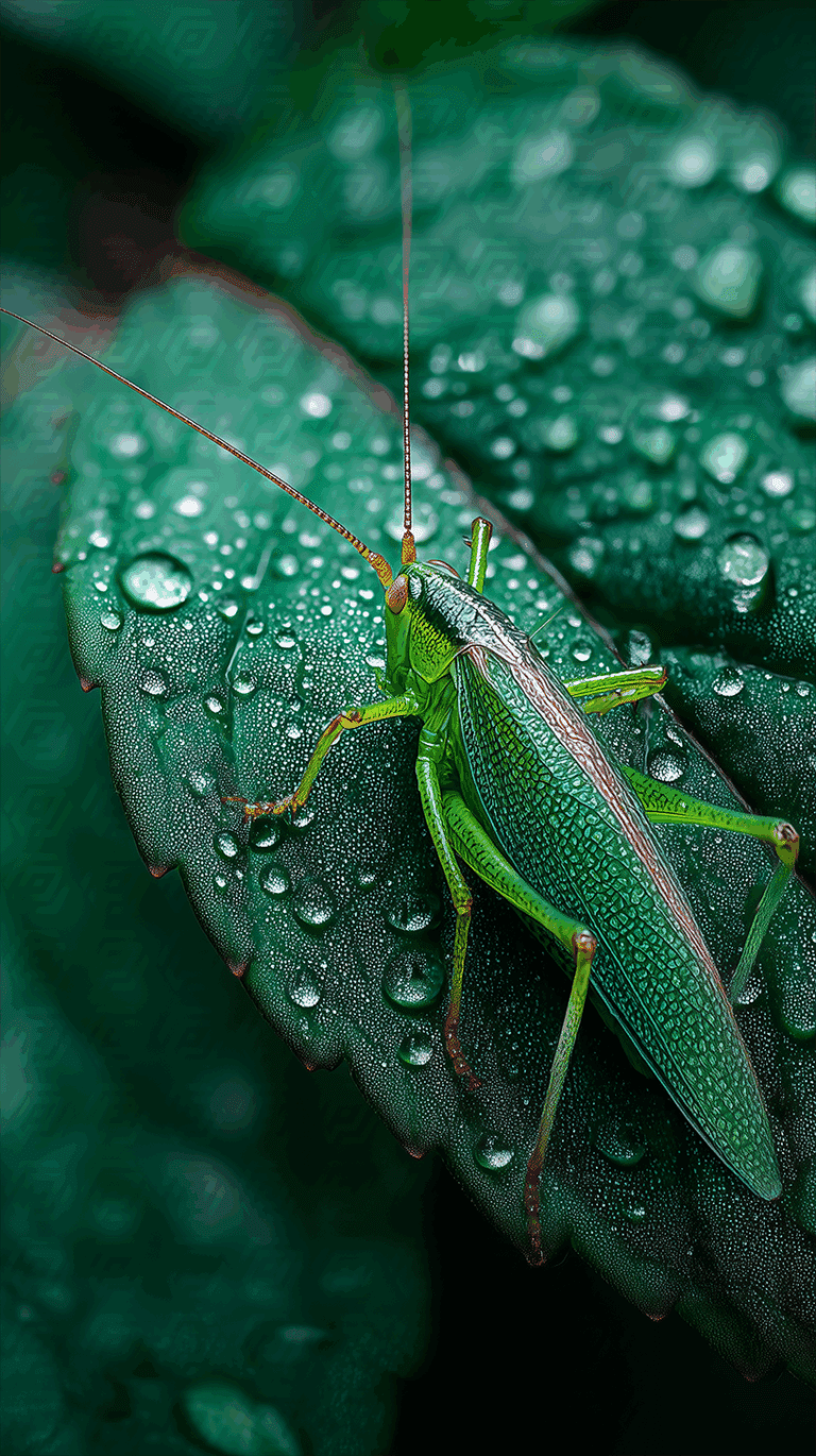 Macro Shot of Grasshopper on Dewy Leaf in Nature