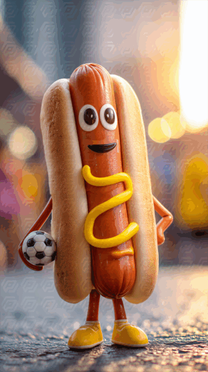 Cartoon Hot Dog Character Playing Soccer with Joyful Expression
