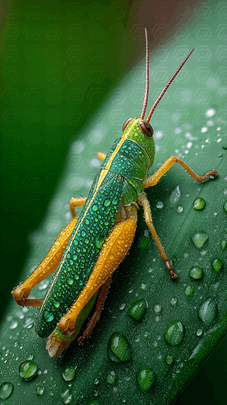 Colorful Grasshopper With Dewdrops On Leaf