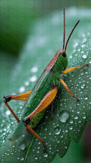 Vivid Green Grasshopper On Wet Leaf Surface