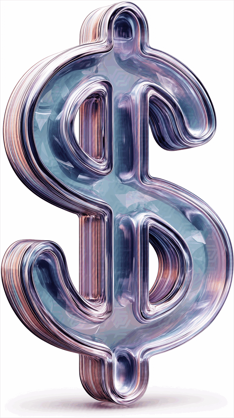Glossy Crystal Dollar Symbol with Iridescent Effects on White
