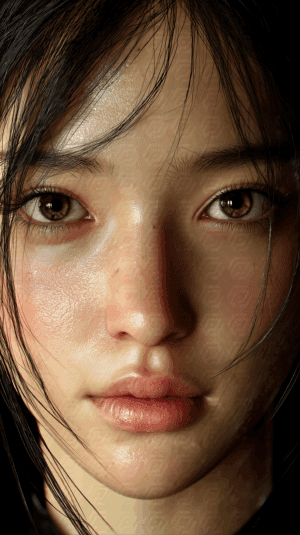 Close-Up Realistic Portrait of a Girl With Messy Hair and Gentle Gaze