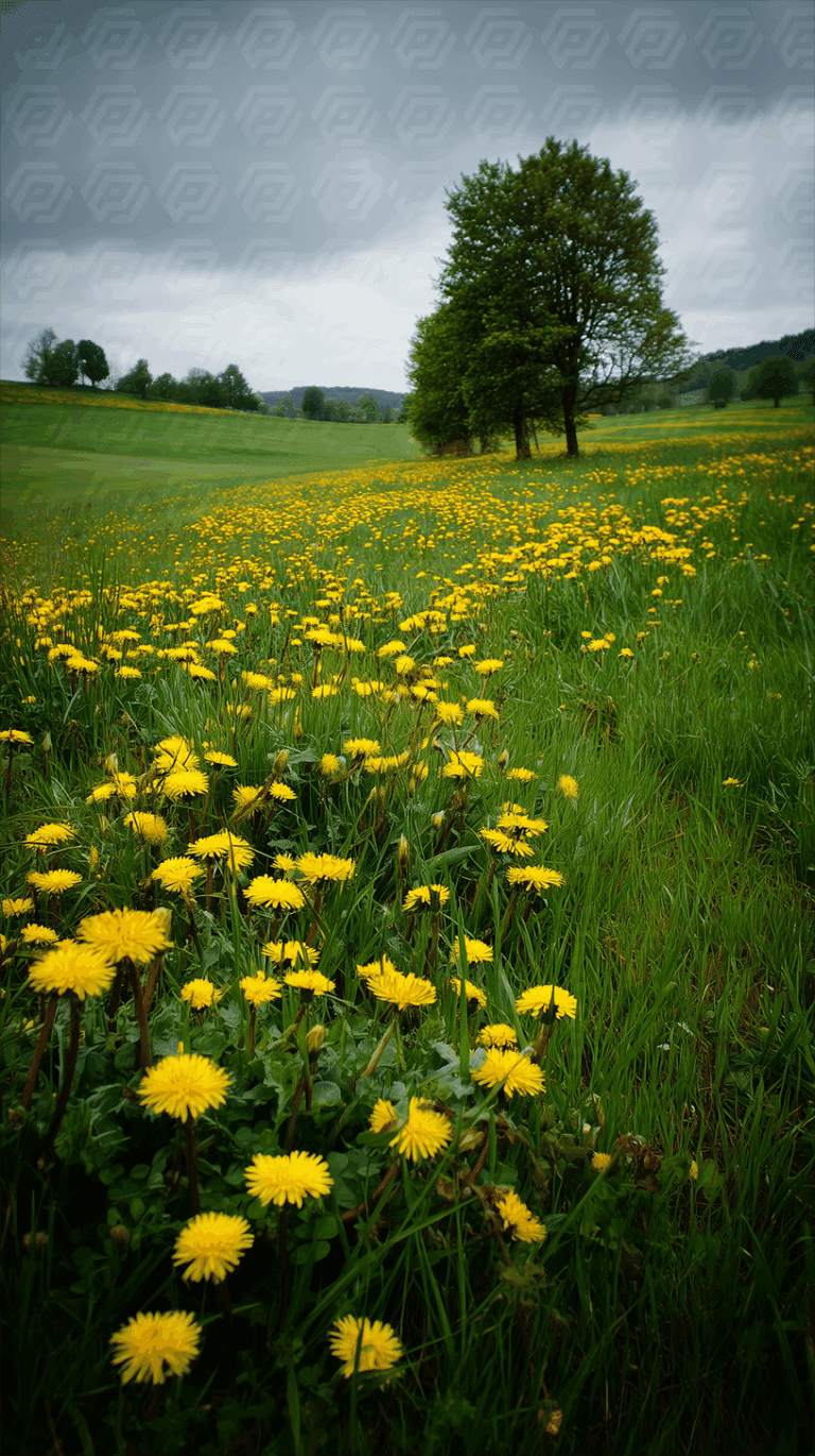 Blooming Dandelion Meadow Under Cloudy Sky