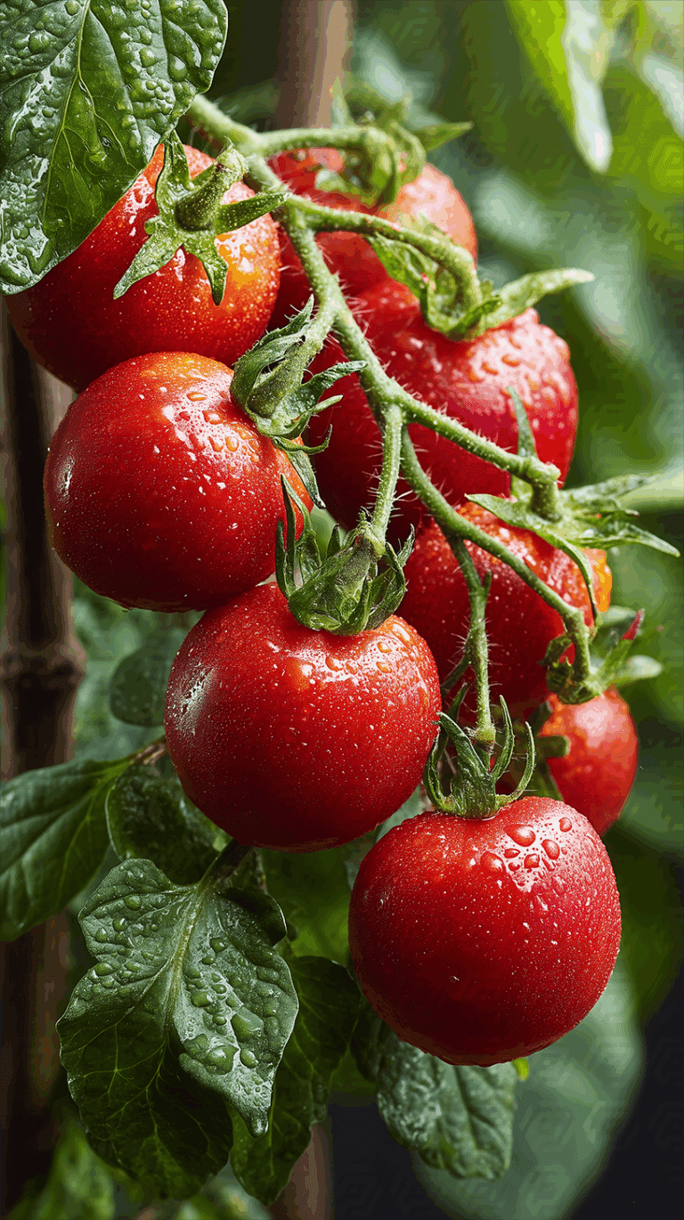 Wet Red Tomatoes Cluster On Vine Closeup